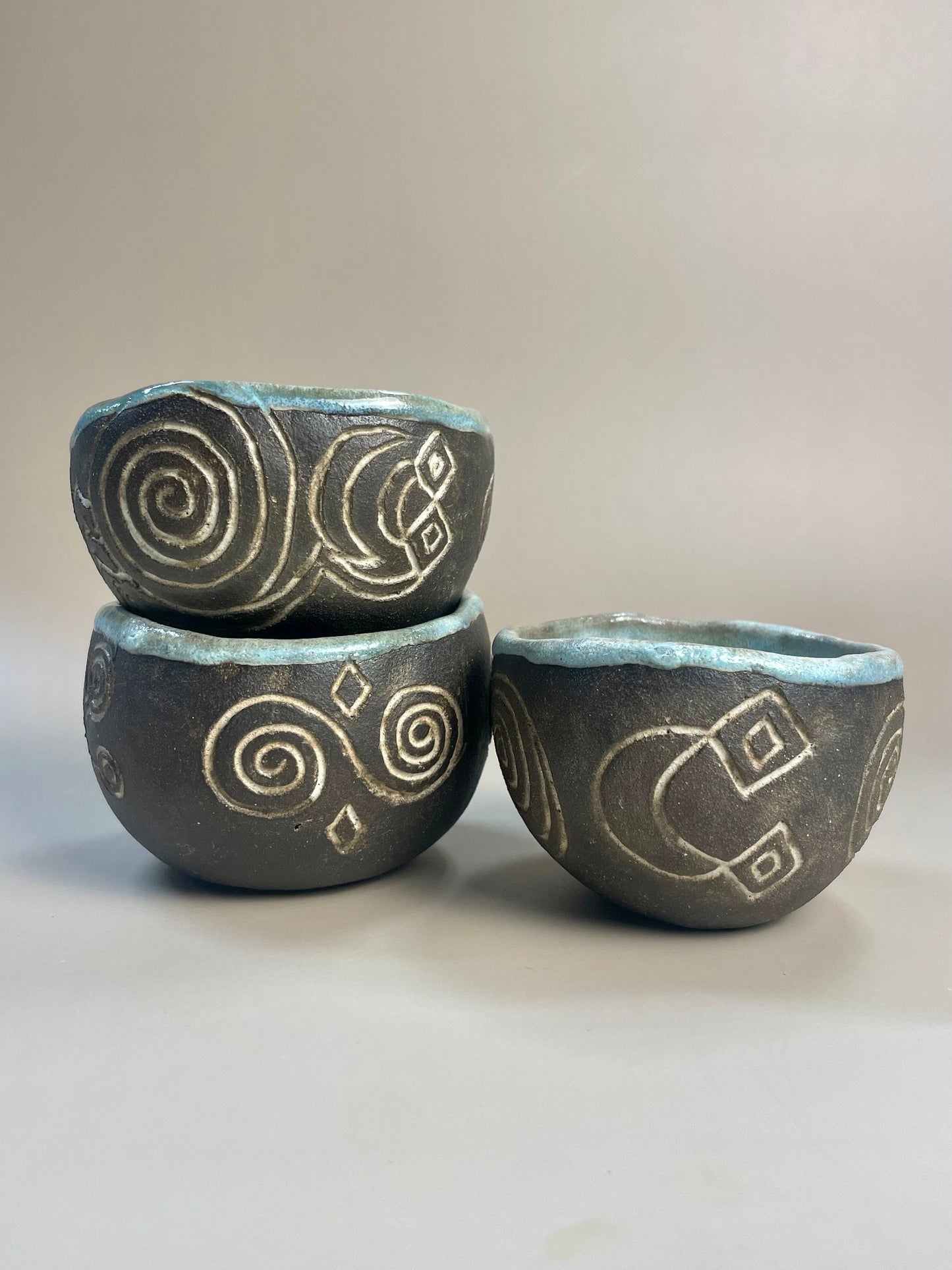 Handmade ceramic Newgrange inspired carved ritual cups